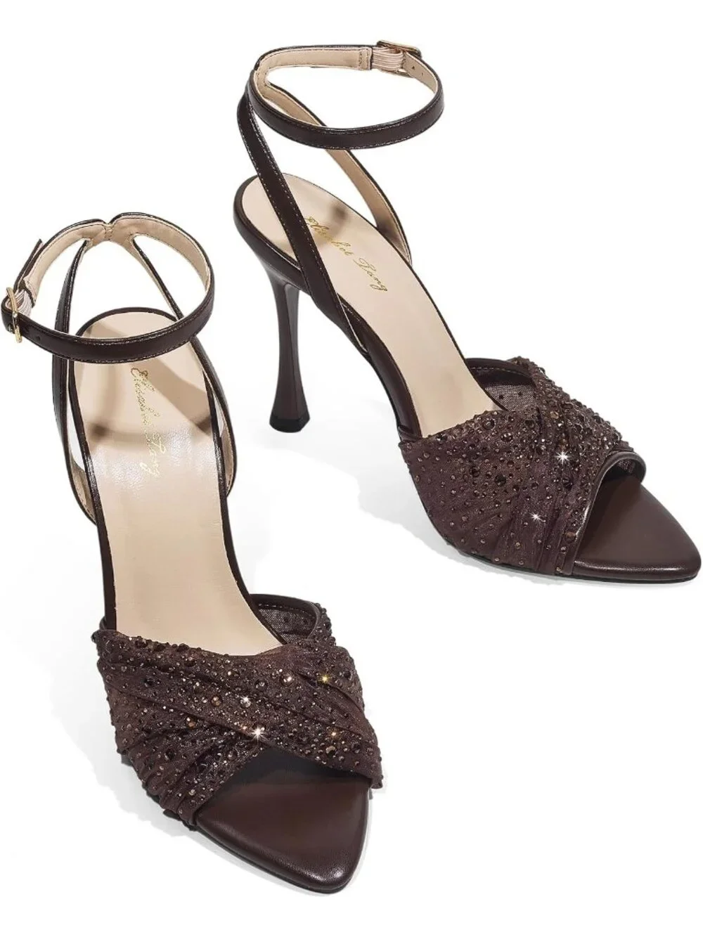 Women's Brown Mesh Rhinestone 4 Inch Strappy High Heels Sandals Pointed Open Toe